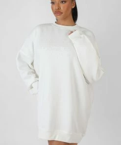 Public Desire UK KAIIA CLOTHING Oversized Embroidered Tonal Sweatshirt Dress Ecru