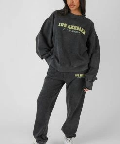 Public Desire UK Los Angeles Acid Wash Oversized Sweatshirt Grey KAIIA CLOTHING