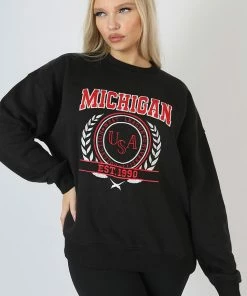 Public Desire UK KAIIA CLOTHING Michigan Embroidered Slogan Oversized Sweatshirt Black