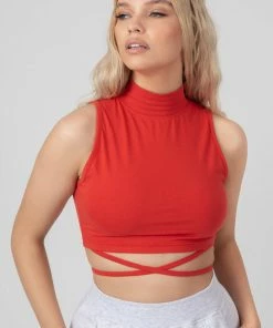 Public Desire UK High Neck Strappy Waist Crop Top Red KAIIA CLOTHING