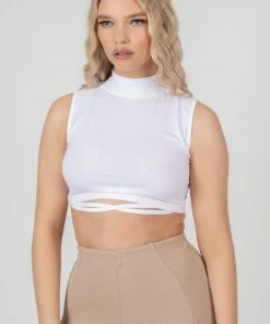 Public Desire UK KAIIA CLOTHING High Neck Strappy Waist Crop Top White