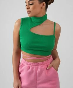 Public Desire UK High Neck Cut Out Strappy Bralet Green