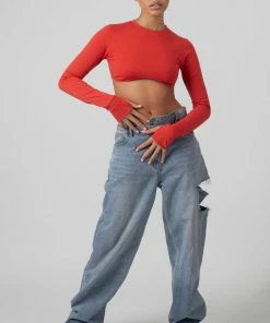 Public Desire UK KAIIA CLOTHING Long Sleeve Underbust Top Red