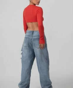 Public Desire UK KAIIA CLOTHING Long Sleeve Underbust Top Red