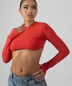Public Desire UK KAIIA CLOTHING Long Sleeve Underbust Top Red