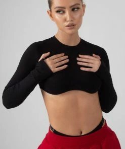 Public Desire UK Long Sleeve Underbust Crop Top Black