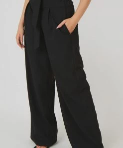Public Desire UK Tie Waist Wide Leg Trousers Black