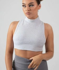 Public Desire UK High Neck Racer Low Side Rib Crop Top Oatmeal Marl KAIIA CLOTHING
