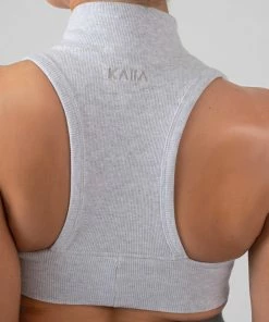 Public Desire UK High Neck Racer Low Side Rib Crop Top Oatmeal Marl KAIIA CLOTHING