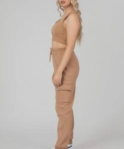 Public Desire UK Elasticated Waist Sweat Scoop Neck Crop Top Camel