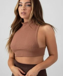 Public Desire UK KAIIA CLOTHING High Neck Racer Low Side Rib Crop Top Cinnamon