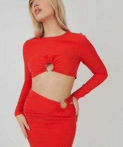 Public Desire UK Loop Ruched Metal Hardware Crop Top Red KAIIA CLOTHING