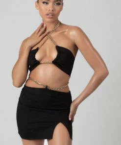 Public Desire UK Loop Ruching Chain Strap Bra Top Black