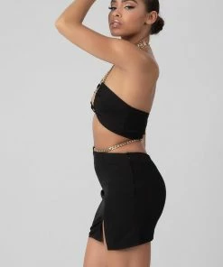 Public Desire UK Loop Ruching Chain Strap Bra Top Black