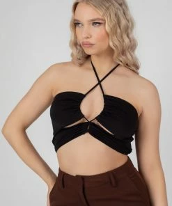 Public Desire UK Slinky Loop Ruching Crop Top Black KAIIA CLOTHING