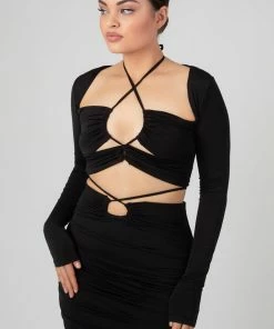 Public Desire UK Loop Ruching Slinky Long Sleeved Top Black