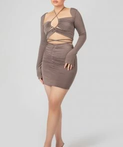 Public Desire UK Loop Ruching Slinky Long Sleeved Top Mink Grey KAIIA CLOTHING