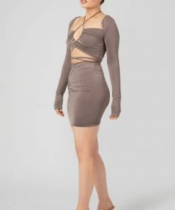 Public Desire UK Loop Ruching Slinky Long Sleeved Top Mink Grey KAIIA CLOTHING