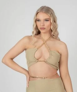 Public Desire UK KAIIA CLOTHING Loop Ruching Chain Strap Bra Top Sage 12 Public Desire UK KAIIA CLOTHING Loop Ruching Chain Strap Bra Top Sage