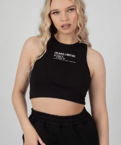 Public Desire UK KAIIA CLOTHING Kaiia Printed Racer Crop Top Black