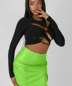 Public Desire UK Ruched Long Sleeve Cutaway Top Black KAIIA CLOTHING