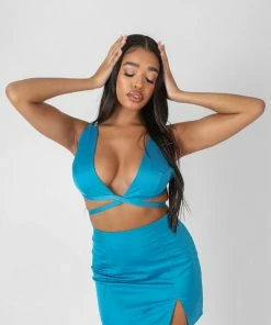 Public Desire UK Satin Strappy Triangle Bralet Blue KAIIA CLOTHING