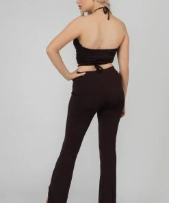Public Desire UK Loop Ruched High Waist Split Trousers Chocolate