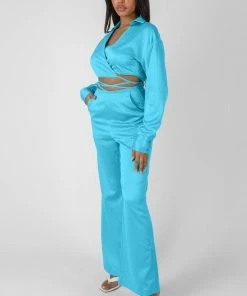Public Desire UK KAIIA CLOTHING Strappy Waist Striaght Leg Trouser Blue