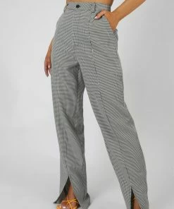 Public Desire UK Houndstooth Straight Leg Split Hem Trousers KAIIA CLOTHING
