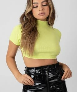 Public Desire UK High Neck Tie Back Crop Top Lime