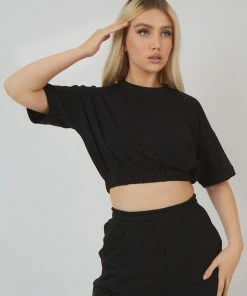 Public Desire UK Elasticated Waist Cropped T-Shirt Black KAIIA CLOTHING