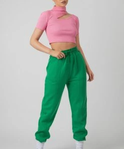 Public Desire UK High Neck Ribbed Cut Out Cropped T Shirt Pink KAIIA CLOTHING