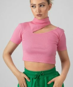 Public Desire UK High Neck Ribbed Cut Out Cropped T Shirt Pink KAIIA CLOTHING