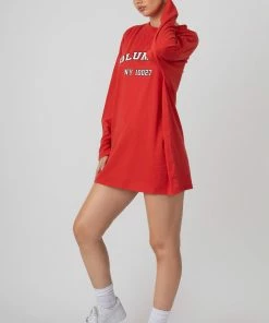 Public Desire UK KAIIA CLOTHING Columbia Slogan Long Sleeved T-Shirt Dress Red