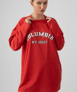 Public Desire UK KAIIA CLOTHING Columbia Slogan Long Sleeved T-Shirt Dress Red