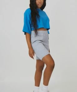 Public Desire UK Oversized Boxy Cropped Patch T-Shirt Blue