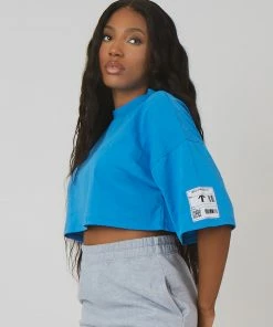 Public Desire UK Oversized Boxy Cropped Patch T-Shirt Blue