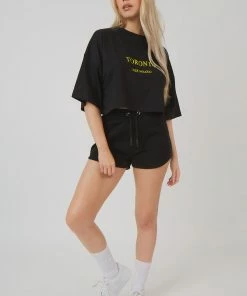Public Desire UK KAIIA CLOTHING Embroidered Slogan Cropped T-Shirt Black