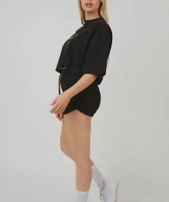 Public Desire UK KAIIA CLOTHING Embroidered Slogan Cropped T-Shirt Black