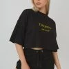 Public Desire UK KAIIA CLOTHING Embroidered Slogan Cropped T-Shirt Black