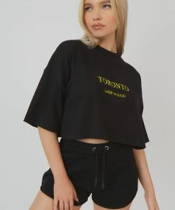 Public Desire UK KAIIA CLOTHING Embroidered Slogan Cropped T-Shirt Black