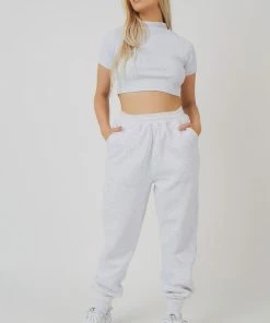 Public Desire UK High Neck Ribbed Cropped T Shirt Oatmeal Marl KAIIA CLOTHING