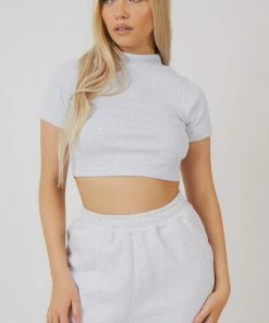 Public Desire UK High Neck Ribbed Cropped T Shirt Oatmeal Marl KAIIA CLOTHING