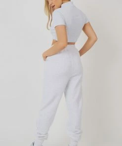 Public Desire UK High Neck Ribbed Cropped T Shirt Oatmeal Marl KAIIA CLOTHING