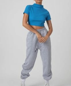 Public Desire UK High Neck Ribbed Cropped T Shirt Blue