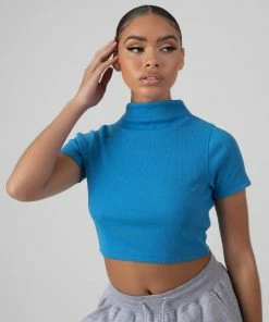 Public Desire UK High Neck Ribbed Cropped T Shirt Blue