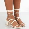 Public Desire UK Mabel Wide Fit Off White PU Ankle Tie Block Heeled Sandals