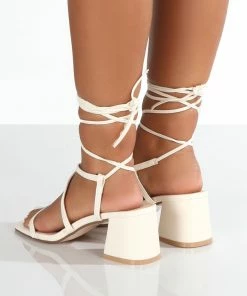 Public Desire UK Mabel Wide Fit Off White PU Ankle Tie Block Heeled Sandals