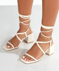 Public Desire UK Mabel Wide Fit Off White PU Ankle Tie Block Heeled Sandals