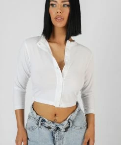 Public Desire UK KAIIA CLOTHING Button Front Long Sleeve Crop Top White